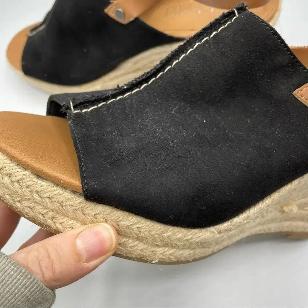 Dolcetta Black Faux Suede Peep Toe Wedge Espadrille Sandals 8.5 Peep Toe Beachy